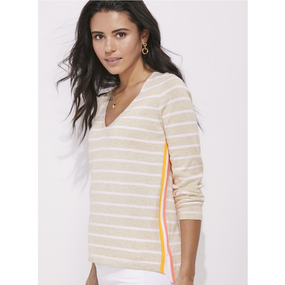 Vineyard Vines Side Seam Pop Stripe Sweater Medium Tan Coastal Beach Preppy